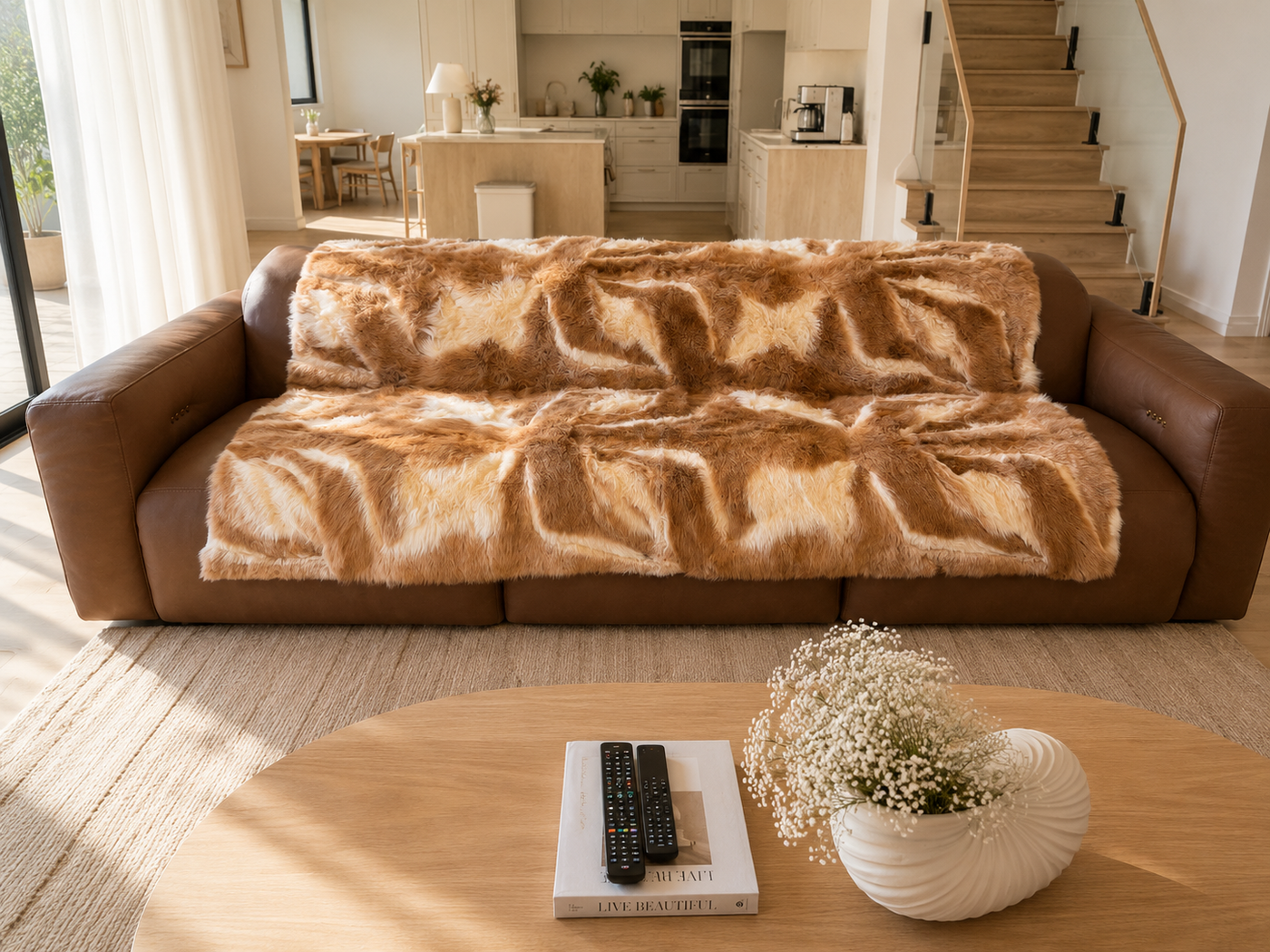 1970s alpaca wool blanket styled across a sofa in warm natural light