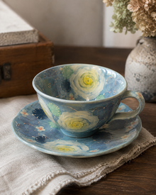 Side view of blue floral ceramic teacup and saucer
