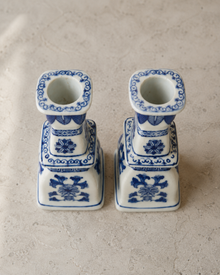 Top view of blue and white porcelain candlestick pair