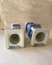 Made in China marks on underside of blue and white porcelain candlesticks