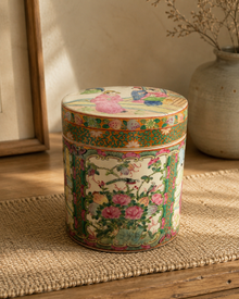 Chinese famille rose style porcelain covered jar with figural and floral decoration