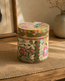 Side view of Chinese famille rose style porcelain covered jar