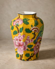 France-marked yellow hand-painted ceramic vase shown in full