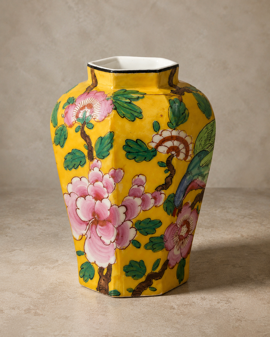 France-marked yellow hand-painted ceramic vase shown in full