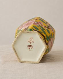 France mark on underside of yellow hand-painted ceramic vase