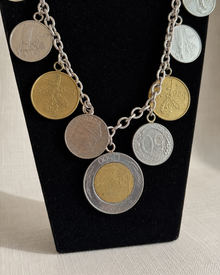 Lower coin charm details on Italian lire-style necklace