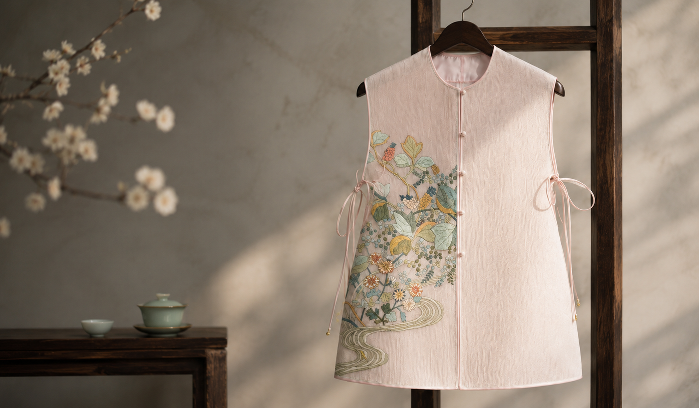 Pale pink kesi-inspired qipao hanging in soft natural light