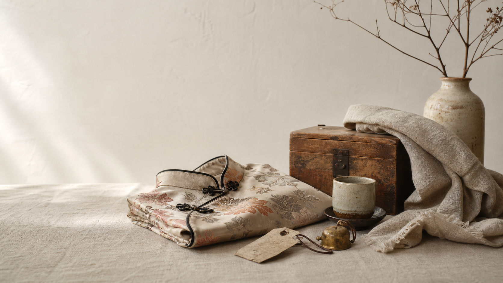 Qipao, porcelain, wood box, and handwritten paper tag on a quiet textile surface
